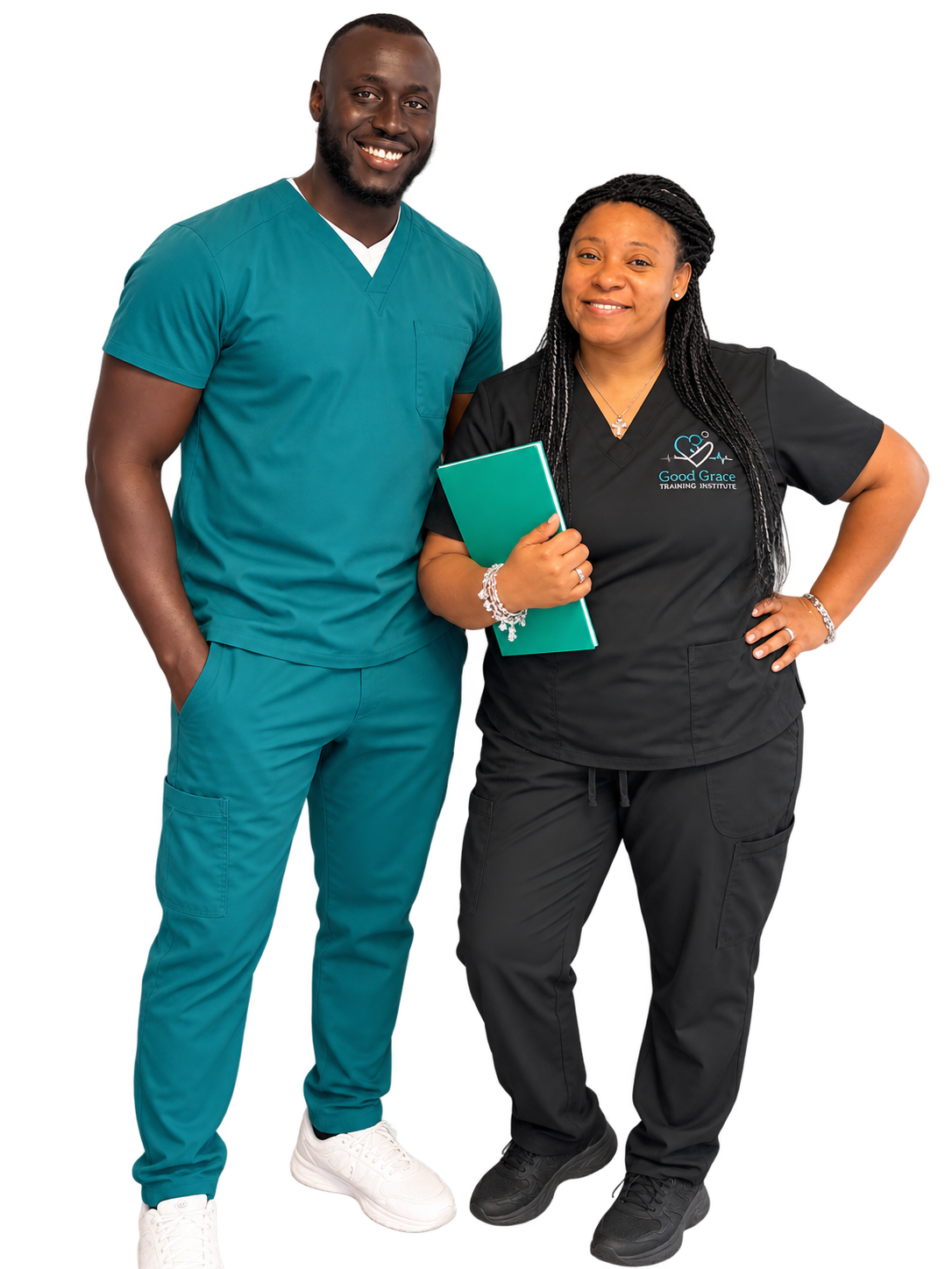 Illustrative edited portrait of healthcare training professionals in Good Grace scrubs
